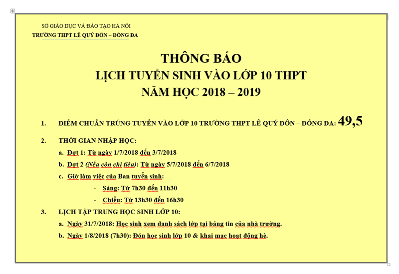 Thông báo lịch tuyển sinh vào lớp 10 năm học 2018 - 2019